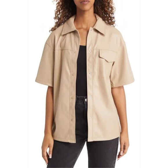 Topshop Womens Short Sleeve Faux Leather Oversized Button-up Shirt Tan Beige 4 N - Picture 1 of 7